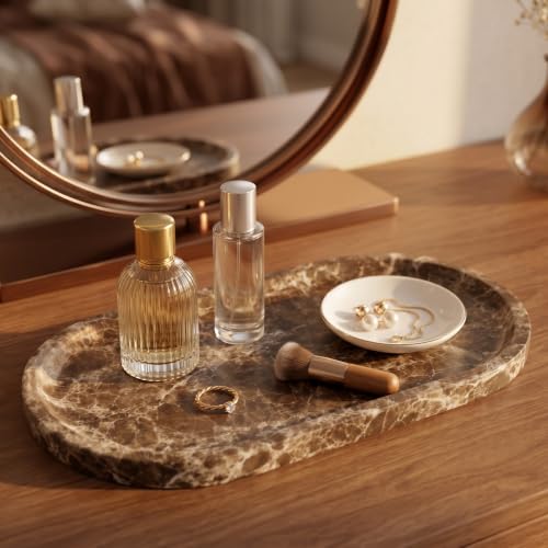YKAJO Crystal Coffee Brown Oval Marble Tray, 11.8x5.9 Perfume Organizer | Honed natural stone; jewelry & trinket dish, ring & key holder, soap & candle catchall; bath counter, dresser, coffee table - color: Crystal Coffee Brown, size: 11.8" x 5.9" x 0.6"