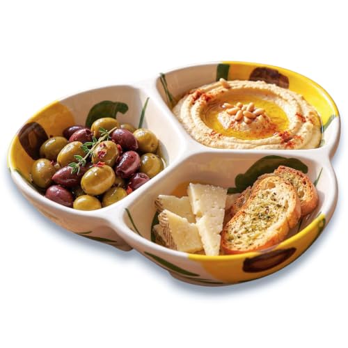 3-Compartment Ceramic Serving Dish, Handmade in Spain | 7.5” divided chip and dip bowl with lead-free glaze, microwave, oven and dishwasher safe, ideal for tapas, snacks and sauces - color: Rustic Avocado