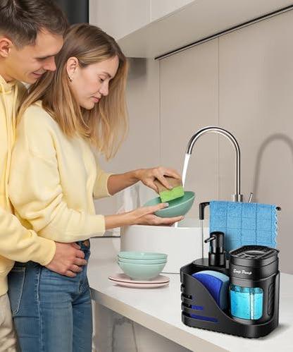 Kitchen Soap Dispenser Set, 4-in-1 Dual Hand and Dish Soap Dispenser with Sponge Holder and Dishcloth Holder for Kitchen Sink (Black) - color: Black