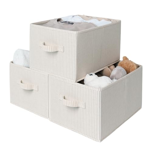 StorageWorks Shelf Organizer Bins, Beige Stripes, 3-Pack, Large | Foldable Shelf Organizer Bins, Closet Storage Baskets for Clothes, Fabric Storage Bins for Shelves - color: Beige Stripes, size: Large