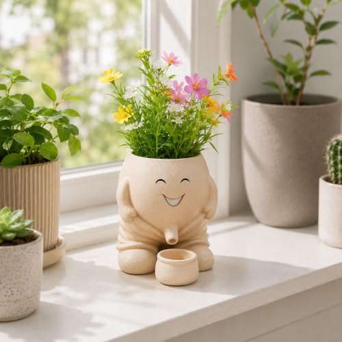 Cute Head Planter, Fun Head Vase Face Plant Pot for Plants for Indoor Outdoor Décor, Unique Cactus Office Flower Pots