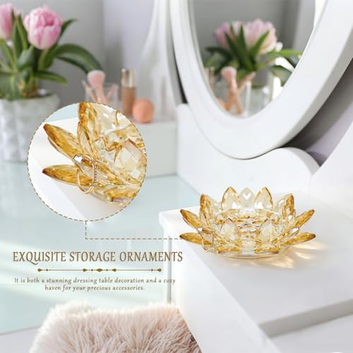 Crystal Flower Jewelry Tray, Luxury Transparent Decorative Trinket Dish for Rings, Earrings, Necklaces, Keys for Vanity Dresser Nightstand, Elegant Gift for Women Mother's Day (1, 6.3"(W)- Gold) - size: 6.3"(W)- Gold