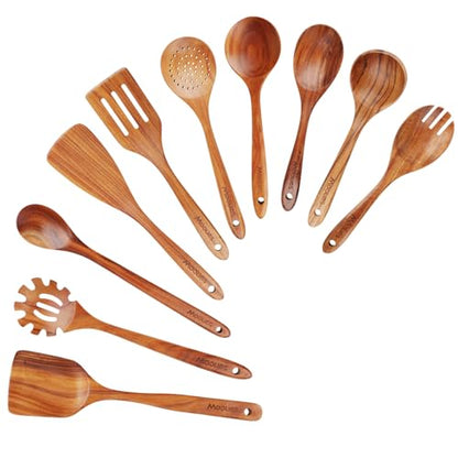 Mooues Wooden Spoons for Cooking, Wooden Utensils for Cooking Natural Teak Wooden Kitchen Utensils Set Comfort Grip (10 PCS SET) | Wooden Spoons for Cooking with Comfort Grip, Smooth Durable Heat Resistant Cooking Spoons and Cooking Utensils for Cooking -