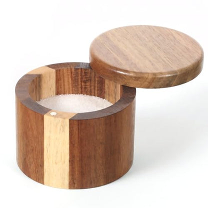 Grevosea Salt Cellar, Acacia Wood Salt Container with Swivel Magnetic Lid | Elegant Kitchen Salt Container Holder for Pepper Spice Bath Salt Sea SaltStorage 360° Rotating Countertop Box 6oz