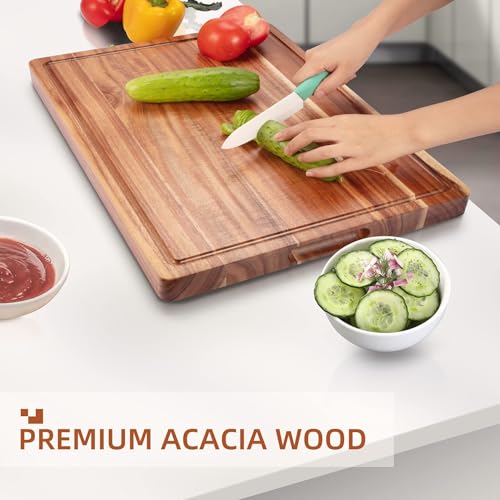 GAOMON Acacia Extra Large Wood Cutting Board, 1.2 Inches Thick Butcher Block, Reversible Wooden Kitchen Block, over Stove Cutting Board, with Side Handles and Juice Grooves, 24 x 18 Inch - size: 24.8"L x 18.8"W