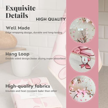 Microfiber Waffle Weave Kitchen Towels Set 2-Pack Quick Dry & Ultra Absorbent Dish Towels Reusable 26x16 Inch Paper Towel Alternative (Floral Design) (Pink)