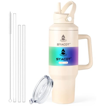 40 oz Tumbler with Handle and Straw or Convert to 40 oz Insulated Water Bottle Fits in Cup Holder. Stainless Steel Metal Water Flask with 2 Lids for Travel,Camping,Gym Sports Coffee Mug Thermal Cup - color: Cream
