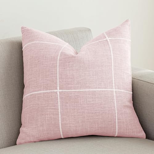 vctops Rustic Lattice Cotton Linen Decorative Throw Pillow Cover Embroidery Square Cushion Cover Pillowcase for Sofa Bedroom Couch (Plaid Pink, 16"x16") - color: Plaid Pink, size: 16" x 16" (Pack of 1)