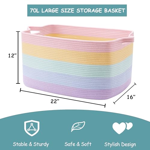 Rainbow Storage Basket for Toys Large Blanket Basket for Girls | Woven Cotton Rope Baby Laundry Hamper, Kids Nursery Toy Basket for Classroom, Soft Stuffed Animal Storage