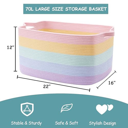 Rainbow Storage Basket for Toys Large Blanket Basket for Girls | Woven Cotton Rope Baby Laundry Hamper, Kids Nursery Toy Basket for Classroom, Soft Stuffed Animal Storage