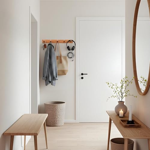 Natural Teak Wall-Mounted Coat Rack (Set of 2, 16'' Hole to Hole) - Farmhouse Entryway Hooks with 5 Wooden Hooks Each, Rustic for Bathroom, Mudroom 2P - color: Teak wood 1-2P