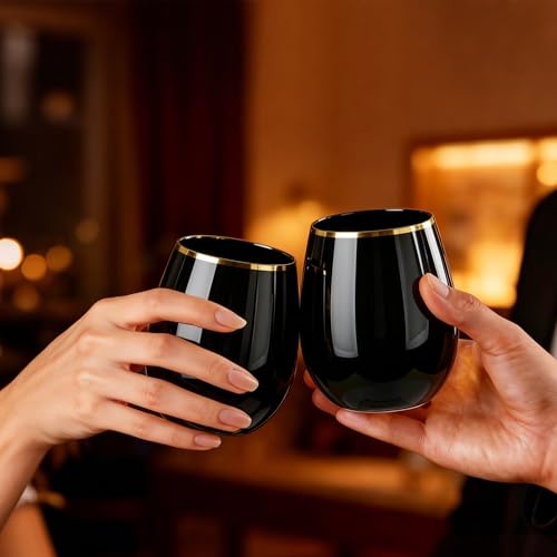 GuanQiao 24 Pack 12oz Black Plastic Wine Glasses with Gold Rim | Black Stemless Disposable Wine Cups, Shatterproof, BPA-Free Reusable Drinkware for Wedding, Party, New Year and Bridal Shower
