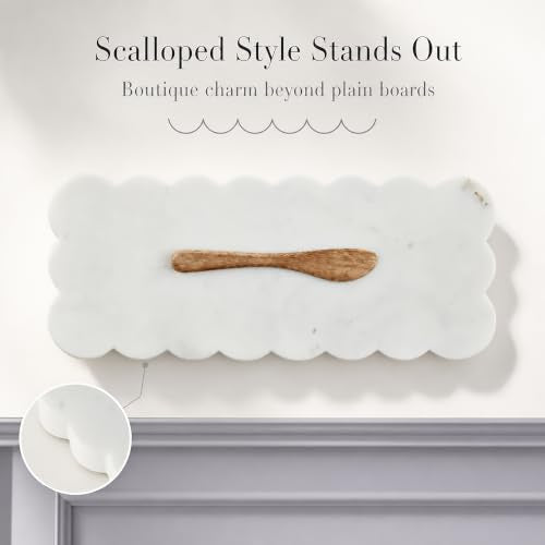 Mud Pie Scallop Marble Board Set, White, 12" x 5" | Scalloped Cutting Board for Charcuterie