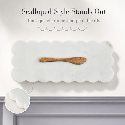 Mud Pie Scallop Marble Board Set, White, 12" x 5" | Scalloped Cutting Board for Charcuterie