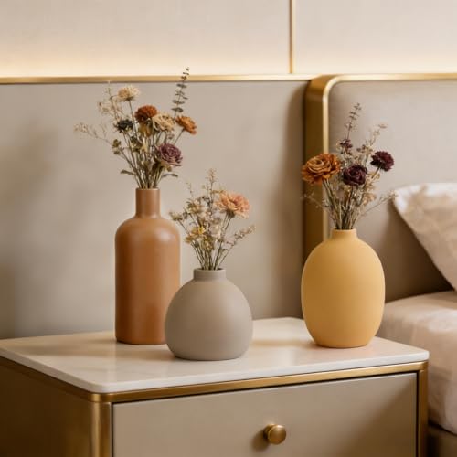 Ceramic Vase Set of 5, Neutral Decorative Vases for Home Decor, Modern Farmhouse Boho Pottery Vases, Terracotta Small Vases for Living Room, Entryway Table Decor