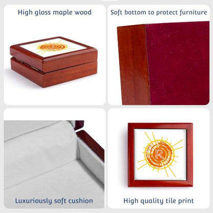 3dRose Yellow, orange sun, stars decorated white text. Resplendent letter R Jewelry Box 7 x 7 inch with 4 inch tile