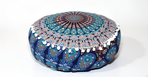 CRAFT KALA Blue Peacock Large Hippie Mandala Meditation Floor Ottoman Pillow Cushion Pouf Cover Square Poufs Bohemian Circle Floor Cushion Case Outdoor Fireplace Yoga Living Room Decor Cover 18" Round - color: Blue, size: 18"D x 18"W x 5"H