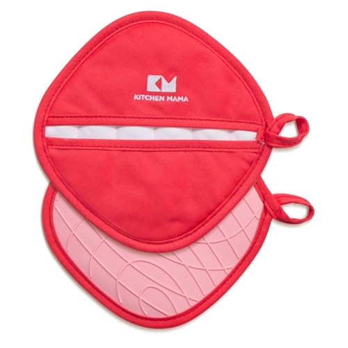 Kitchen Mama Silicone Pot Holders, Red | Heat Resistant, Non-Slip Surface, Dual Pocket Design, Soft Cotton Lining - color: Red