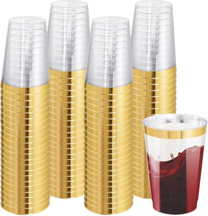 I00000 100 Pack 12 oz Gold Plastic Cups, Premium Gold Rimmed Plastic Cups | Heavy Duty, Everyday Use, BPA-Free, Bulk Catering, Wine Glasses, Cocktail Glasses, Gold Cups Perfect for Party & Wedding - color: 12-Gold-100