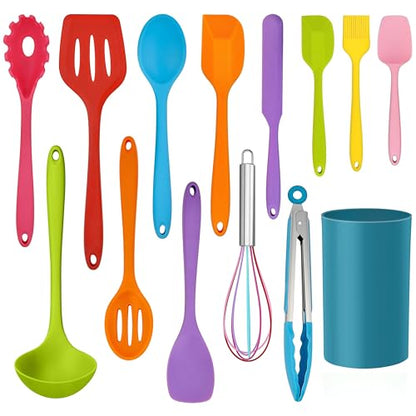 LIANYU 14 Pcs Silicone Kitchen Cooking Utensils Set with Holder, Colorful | 446°F Heat Resistant Silicone Cooking Utensils Spatula Set, Non-Stick & Dishwasher Safe Cooking Tools, Comfort Grip Handle - color: Colorful