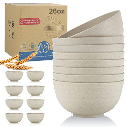 Wheat Straw Bowl Sets,8 PCS Unbreakable Cereal Bowls 26 OZ,Microwave and Dishwasher Safe Bowls, Kitchen Bowl suitable for cereal,salad,snack and soup (Beige) - color: Beige, size: 26 oz