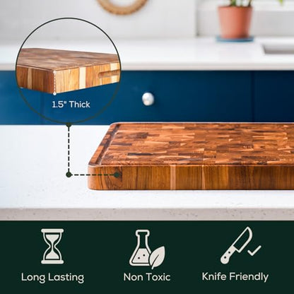 EZ FURNITURE Medium (M) Teak End Grain Cutting Board, Reversible, Knife-Friendly Charcuterie Wood Cutting Board with Juice Groove & Handles, Non-Toxic, Gift Box Included (7" x 13" x 1.5") - color: M - Teak End Gain, size: 17"L x 13"W