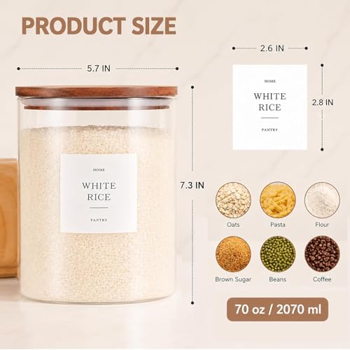 2 Pack Glass Containers with Acacia Lids, 70oz Pantry Airtight Storage Jars | Large Kitchen Canisters with 105 Labels, Pantry Food Storage Containers with Wood Lids for Pasta, Flour, Rice, Cereal - size: 70oz 2 Pack