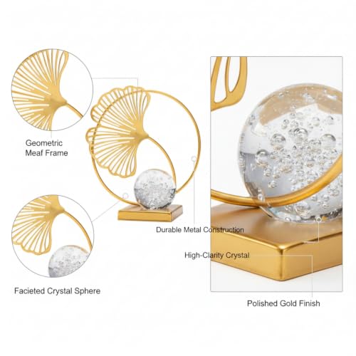 for Shelf, Desk, or Console Table Display: Modern Geometric Metal Leaf and Crystal Ball Sculpture Accent (1 PC) - size: 3.15 x 3.15 x 5.91 in