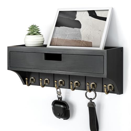 Rebee Vision Key Holder Wall Mount with Drawer, Shelf for Room Decor, Black | Key Holder for Wall, Mail Organizer, 6 Key Hooks, Drawer Organizer, Storage Drawer, Rustic Home Decor, Apartment Essentials - color: Black, style: 1-Drawer
