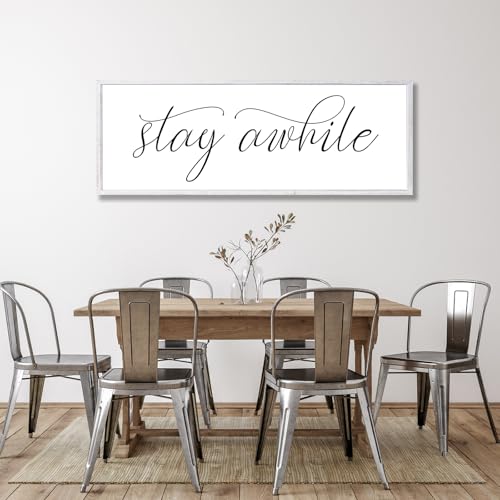 Rutiyoka Stay Awhile Sign Framed Farmhouse Dining Room Wall Decor Large 42"×15" Wood Kitchen Wall Art White - color: stay awhile (white frame)