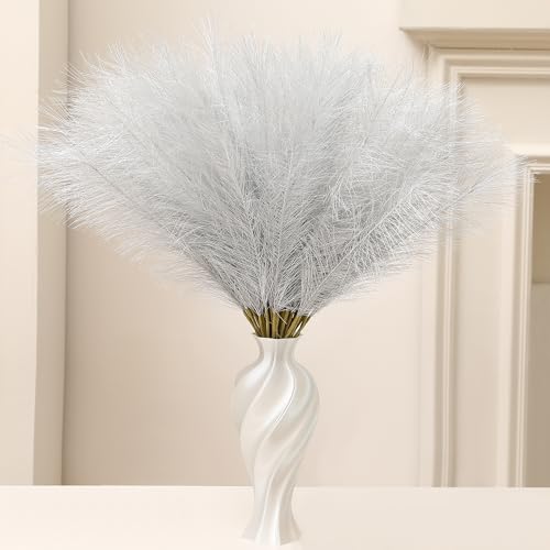 Wertuirk Faux Silver Pampas Grass - 60pcs 24 Inch Artificial Pampas Decor | Short Fake Pompas Floral for Vase Filler, Wedding Flower Arrangement, Party and Home Decor (Silver, 60 Pieces) - color: Silver, size: 60 Pieces