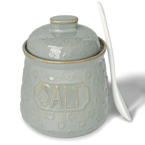 Salt Bowl with Lid and Spoon, 10oz Ceramic Seasoning Jar (Vintage Grey) | Easy One-Hand Access, Keeps Seasonings Fresh, Wide Opening, Easy to Clean, Dishwasher Safe - color: vintage Grey, size: 4.3" Label Salt