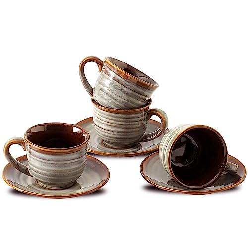 Hasense Espresso Cups with Saucers, 4 oz Small Ceramic Espresso Coffee Mugs Set of 4, Cute Cappuccino Cup Set, Demitasse Cups Perfect for Espresso Shots, Cappuccino, Tea-Grey Brown - color: Grey Brown, size: 4oz - Set of 4