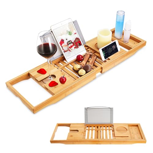 Premium Bamboo Bathtub Tray Caddy, Bath Tub Trays Table for Bathtub, Expandable Bath Caddy Tray, Bathtub & Bathroom Accessories for New Home, Anniversary and Wedding Gifts for Couple