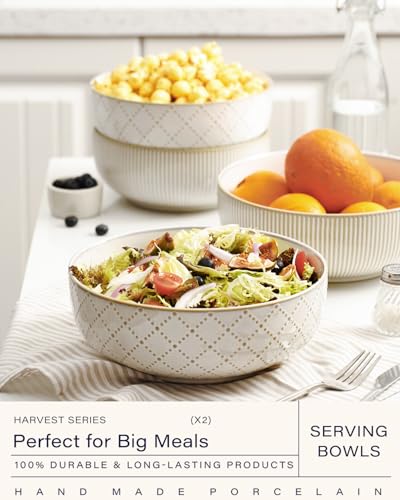 getstar Large Serving Bowls (9.5 inch & 92 fl oz), Ceramic Salad Bowl Set of 2, Microwave and Dishwasher Safe - color: Embossed Checks & Stripes, size: 9.5"