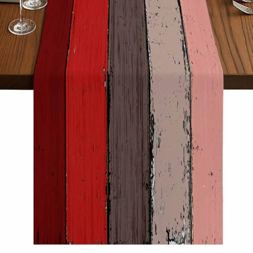 Farmhouse Christmas Table Runners Small 13X36 Inches ,Non-Slip Rectangle Cotton Linen Ombre Red Brown Holiday Runners, Retro Rustic Barn Wood Texture Decorations for Kitchen Home Dining Table - color: Red&brown, size: Small 13x36
