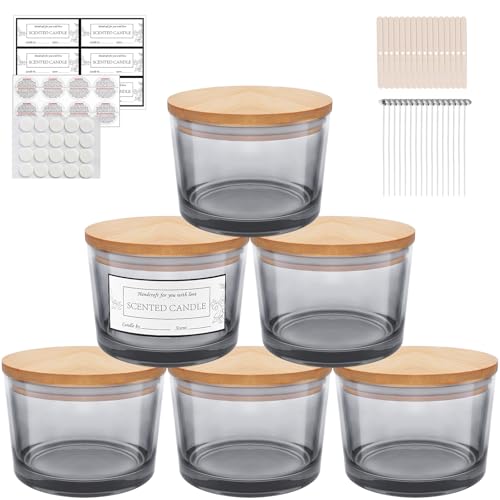 CONNOO 6 Pack 16oz Gray Wide Mouth Glass Candle Jars | Empty Wide Mouth Glass, Bamboo Lids, Sticky Warning Labels, Candle Wick Kit, Dishwasher Safe - color: 6 Pack-Gray