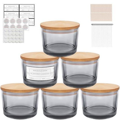 CONNOO 6 Pack 16oz Gray Wide Mouth Glass Candle Jars | Empty Wide Mouth Glass, Bamboo Lids, Sticky Warning Labels, Candle Wick Kit, Dishwasher Safe - color: 6 Pack-Gray