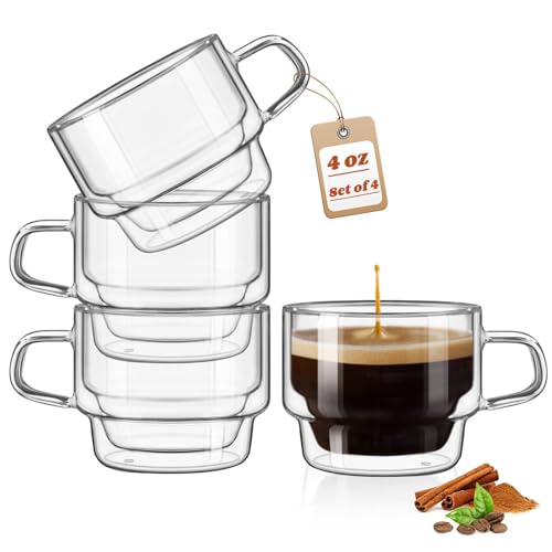 glastal 4 oz Stackable Glass Cups Espresso Cups Double Walled Espresso Glasses Set of 4, 120ml Coffee Tea Glasses Expresso Shots Cup Set for Tea, Milk, Gifts for Women Man - German Quality - color: Type1-4oz*4, size: 4oz*4