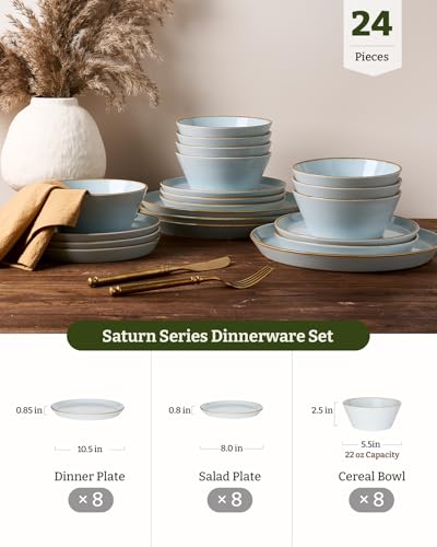 Famiware Saturn Stoneware Dishes Dinnerware Set for 8, Rimmed Plates, Bowls | Light Blue, 24-Piece Ceramic Kitchenware, Chip and Scratch Resistant, Microwave and Dishwasher Safe, Modern Rustic Tableware - color: Light Blue, size: 24