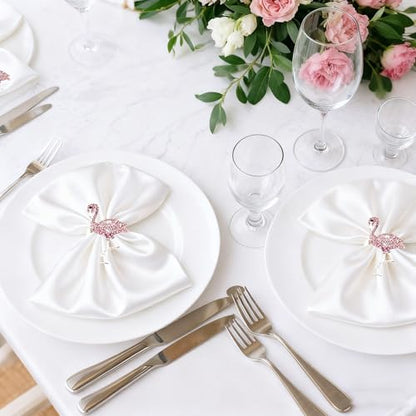 Pink Crystal Flamingo Napkin Rings Set of 6, Silver Rhinestone Tropical Napkin Holders for Beach Wedding Summer Luau Hawaiian Party Bachelorette Elegant Coastal Table Decor - style: Flamingo