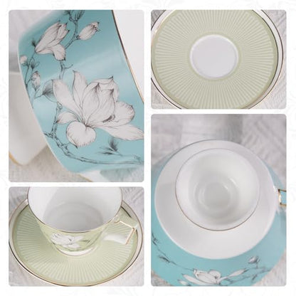 KAMMAK Ceramic Coffee Cups Saucers Set of 2, Porcelain Espresso Cups with Saucers, 8.12 oz Handcrafted Elegant Bone China Tea Cups, Blue & Sage Green Flower Teacup for Party, Office, Women Gift - color: Spring Magnolia (Green + Blue)