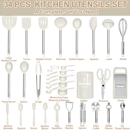Kitchen Utensils Set-Umite Chef 34 Pcs Silicone Cooking Utensils Set for Nonstick Cookware-Silicone Spatulas Set, Stainless Steel Handle-White Kitchen Gadgets Tools, Pots and Pans Accessories - color: White