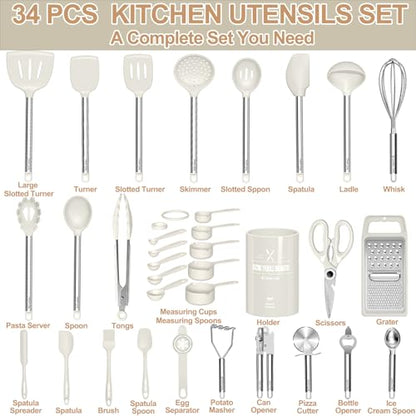 Kitchen Utensils Set-Umite Chef 34 Pcs Silicone Cooking Utensils Set for Nonstick Cookware-Silicone Spatulas Set, Stainless Steel Handle-White Kitchen Gadgets Tools, Pots and Pans Accessories - color: White