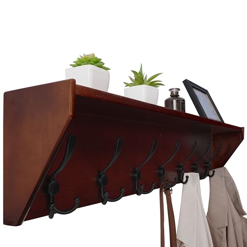 WEBI Coat Rack Wall Mount with Shelf,35" Long Wall Shelf with Hooks Underneath,7 Triple Hooks for Entryway,Hallway,Bedroom,Cherry - color: Cherry, size: 35 Inch