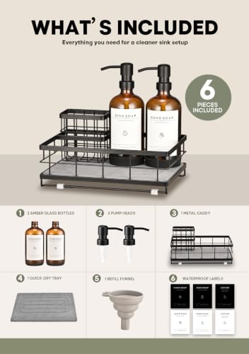 [Extra Large] Kitchen Soap Dispenser Set, 2 Glass Dish Soap Dispensers with Stainless Steel Pumps, Quick-Dry Stone Tray, Sink Caddy Organizer with Sponge Holder, All-in-One Countertop Organization Set
