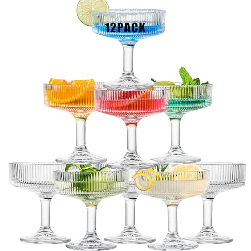12 Pcs Martini Glasses, 6.7oz Crystal Champagne Tower, Art Deco Ribbed Coupe Glasses, Stem Cocktail Glassware Set, Margarita Cups, Heavy Base Bar Glassware for Martini, Gimlet, Manhattan - style: Ribbed Style