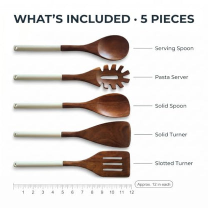 DI ORO Wooden Kitchen Utensil Set - 5-Piece Wooden Spoon & Spatula Set - Nonstick Cookware Safe Teak Wood Cooking Utensils - Heat-Resistant Kitchen Utensils Set with Silicone Handles (Cream) - color: Cream