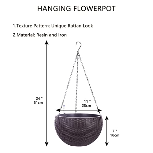 Vencer 11 Inch Round Resin Rattan Hanging Planters,Coffee,VF-A15-C | Self Watering,Drain Hole,Metal Chain,Water Indicator,Indoor Outdoor - color: Coffee