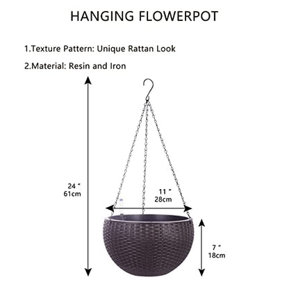 Vencer 11 Inch Round Resin Rattan Hanging Planters,Coffee,VF-A15-C | Self Watering,Drain Hole,Metal Chain,Water Indicator,Indoor Outdoor - color: Coffee